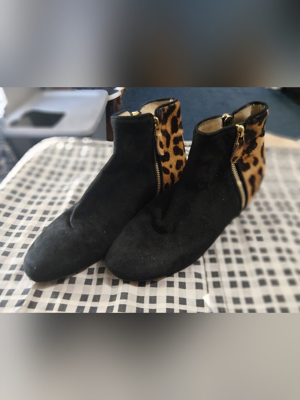 Black Suede Ankle Booties with Leopard Heel Accent Chrissie Morris